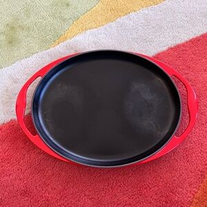 Le Creuset Red and Black Oval Cast Iron Griddle with Side Handles